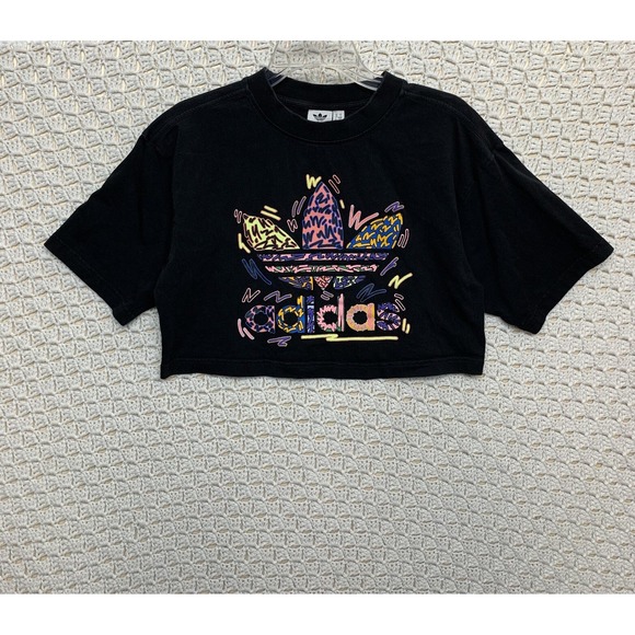 Adidas Women's Crop T-Shirt Size Small Black Retro Logo Crew Neck Short Sleve - Picture 1 of 7